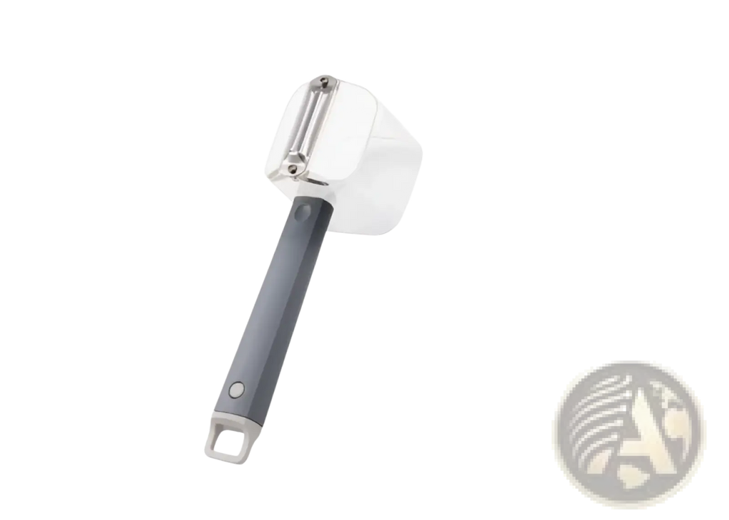 Gray and white stainless steel vegetable peeler with a sleek ergonomic handle and sharp blade mechanism