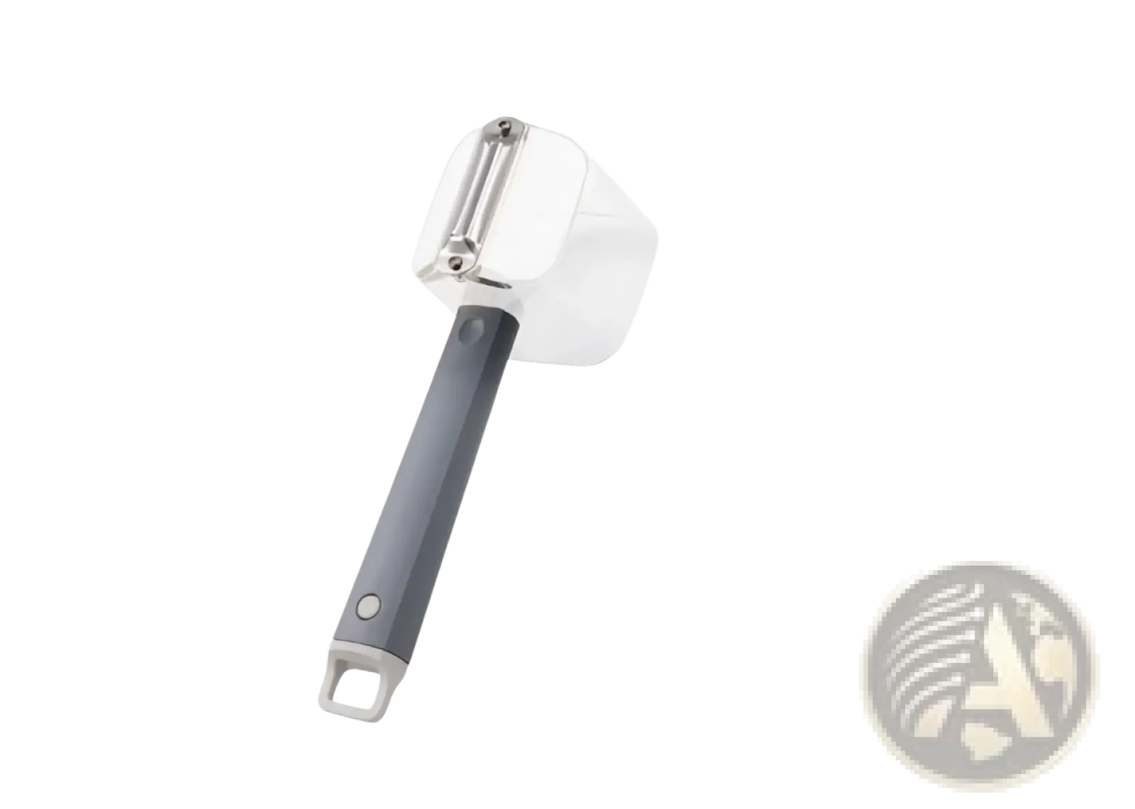 Gray and white stainless steel vegetable peeler with a sleek ergonomic handle and sharp blade mechanism
