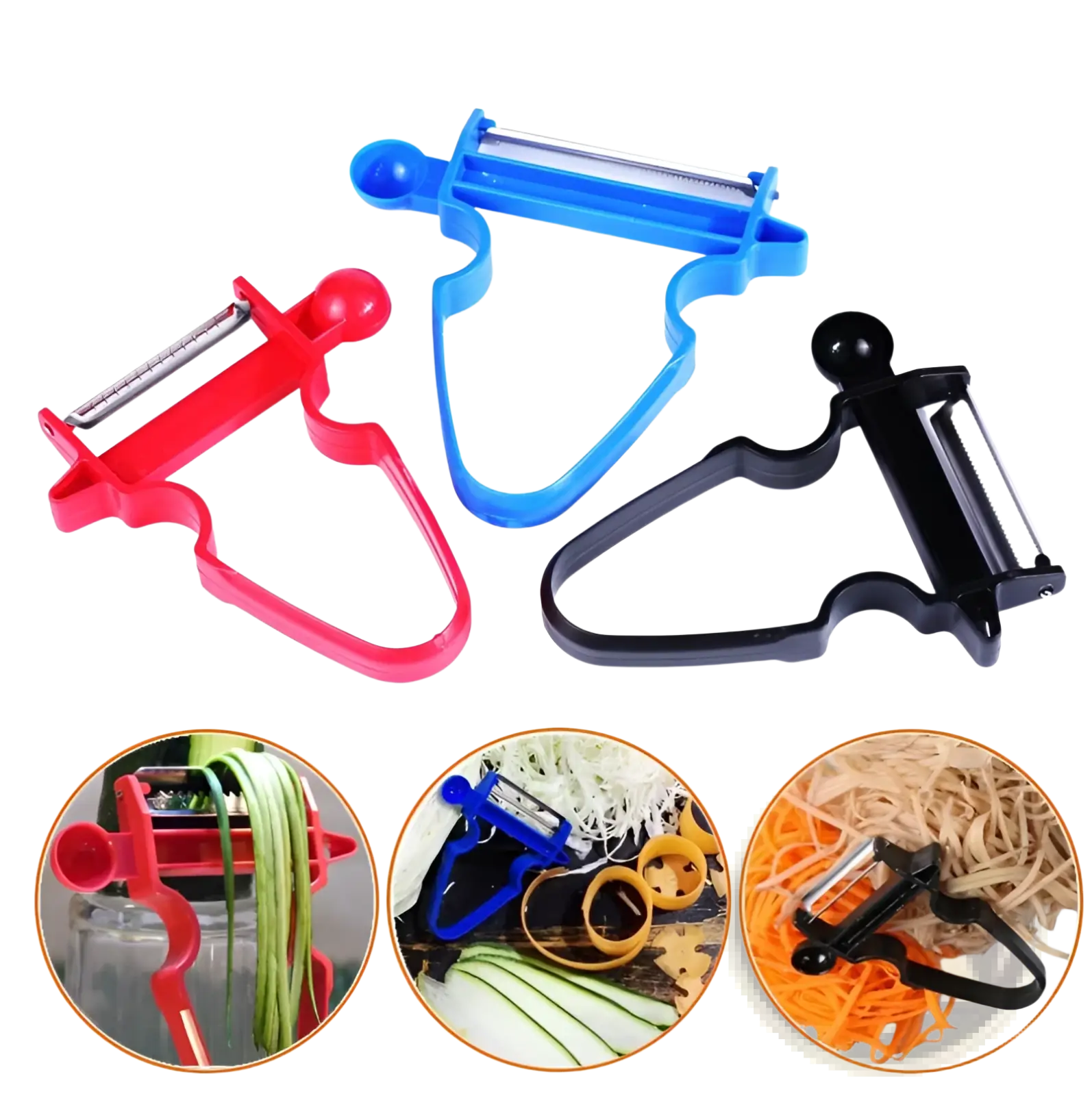 Set of three stainless steel vegetable peelers with red blue and black plastic handles for efficient peeling