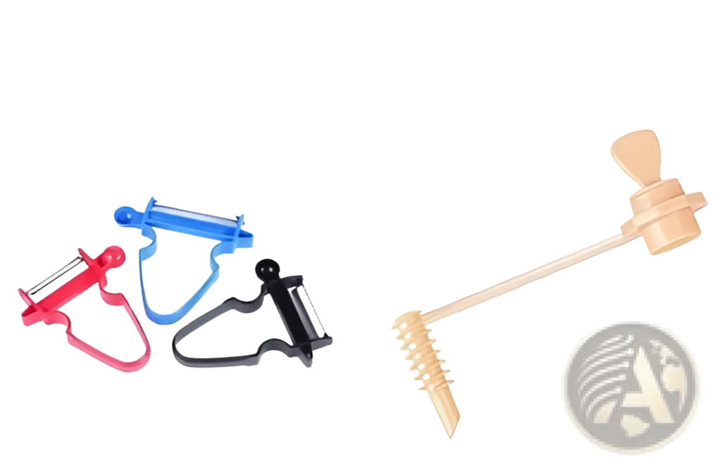 Stainless steel vegetable peeler set with red blue and black peelers and a wooden honey dipper with metal spiral end