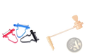 Stainless steel vegetable peeler set with red blue and black peelers and a wooden honey dipper with metal spiral end