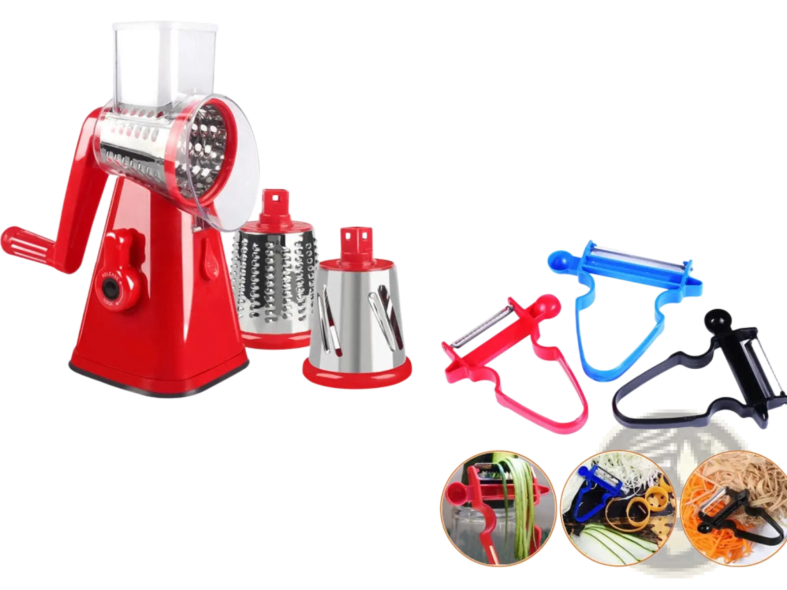 Red manual vegetable slicer with stainless steel blades and interchangeable attachments from stainless steel peeler set 3 pack