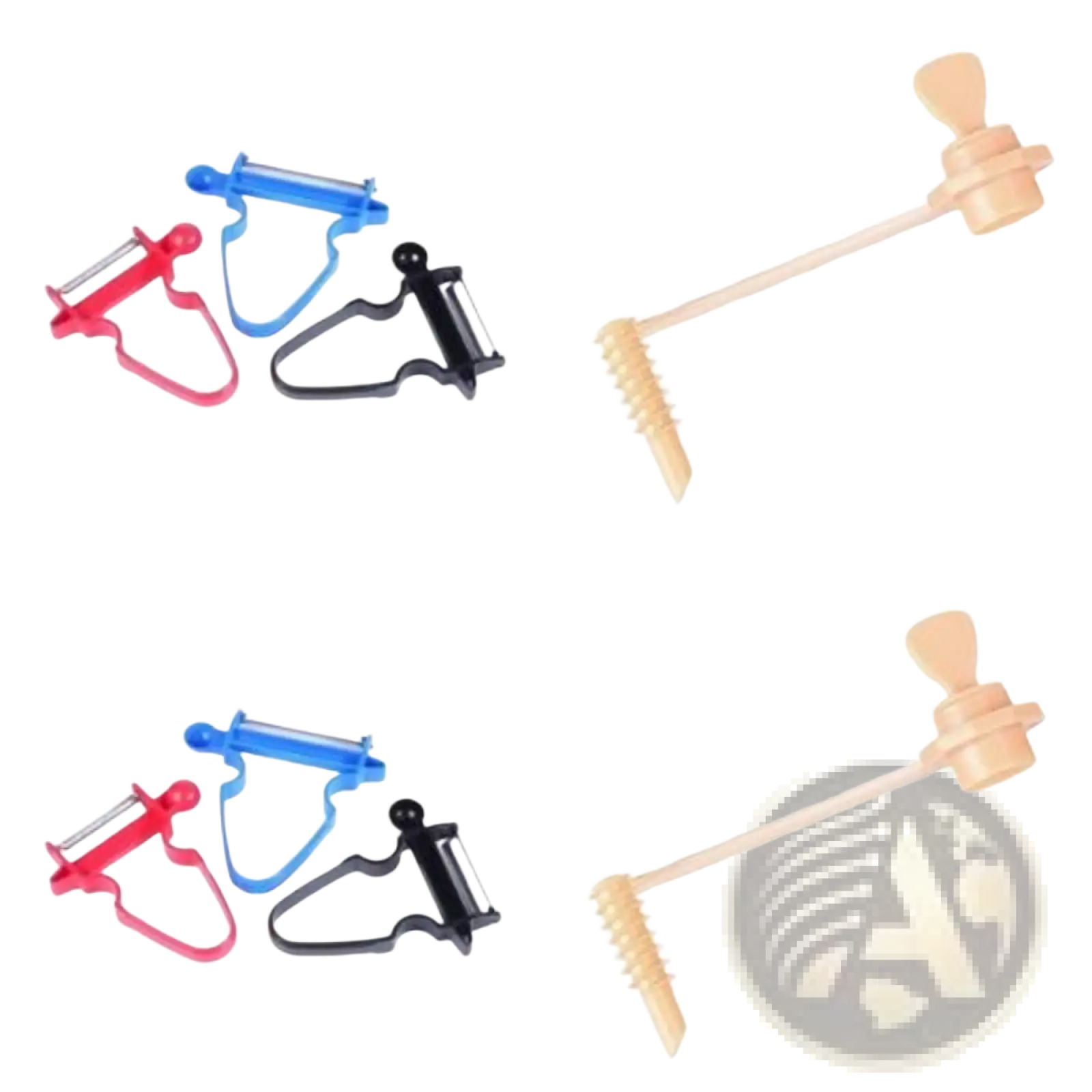 Set of three stainless steel vegetable peelers with red blue and black plastic handles and matching metal blades