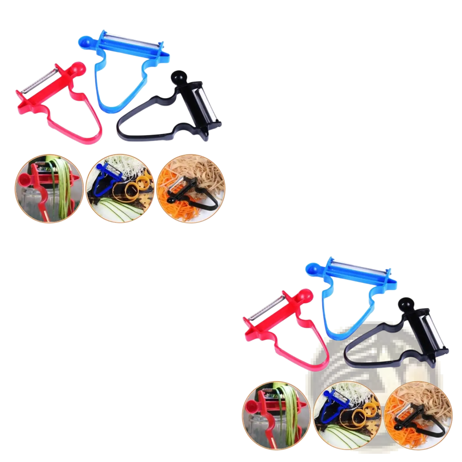 Set of three stainless steel vegetable peelers in red blue and black with ergonomic handles for easy peeling