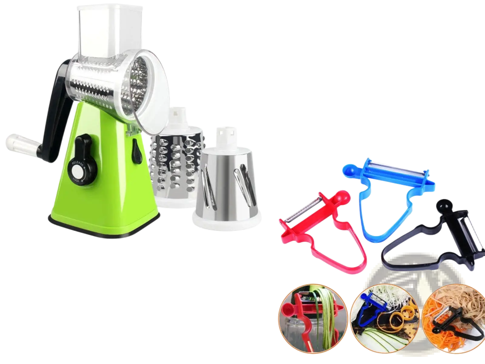Bright green manual vegetable slicer with stainless steel blades and interchangeable attachments from stainless steel vegetable peeler set 3 pack