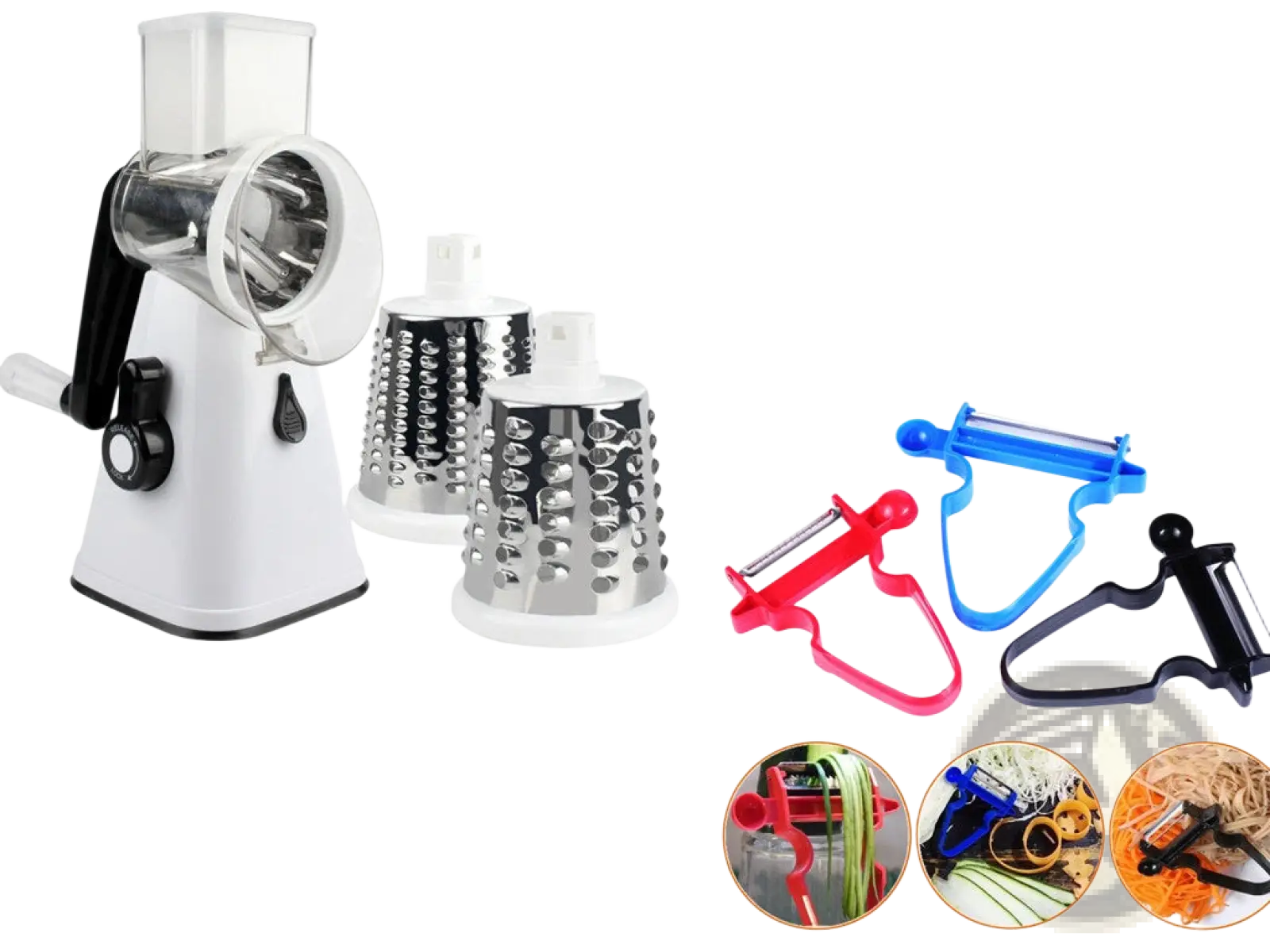 White electric food processor with interchangeable stainless steel grating attachments and colorful stainless steel vegetable peelers
