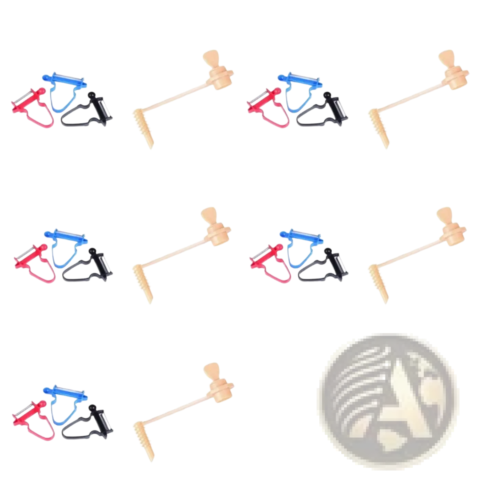 Set of three stainless steel vegetable peelers and wooden-handled corn pickers in red blue black and natural wood tones