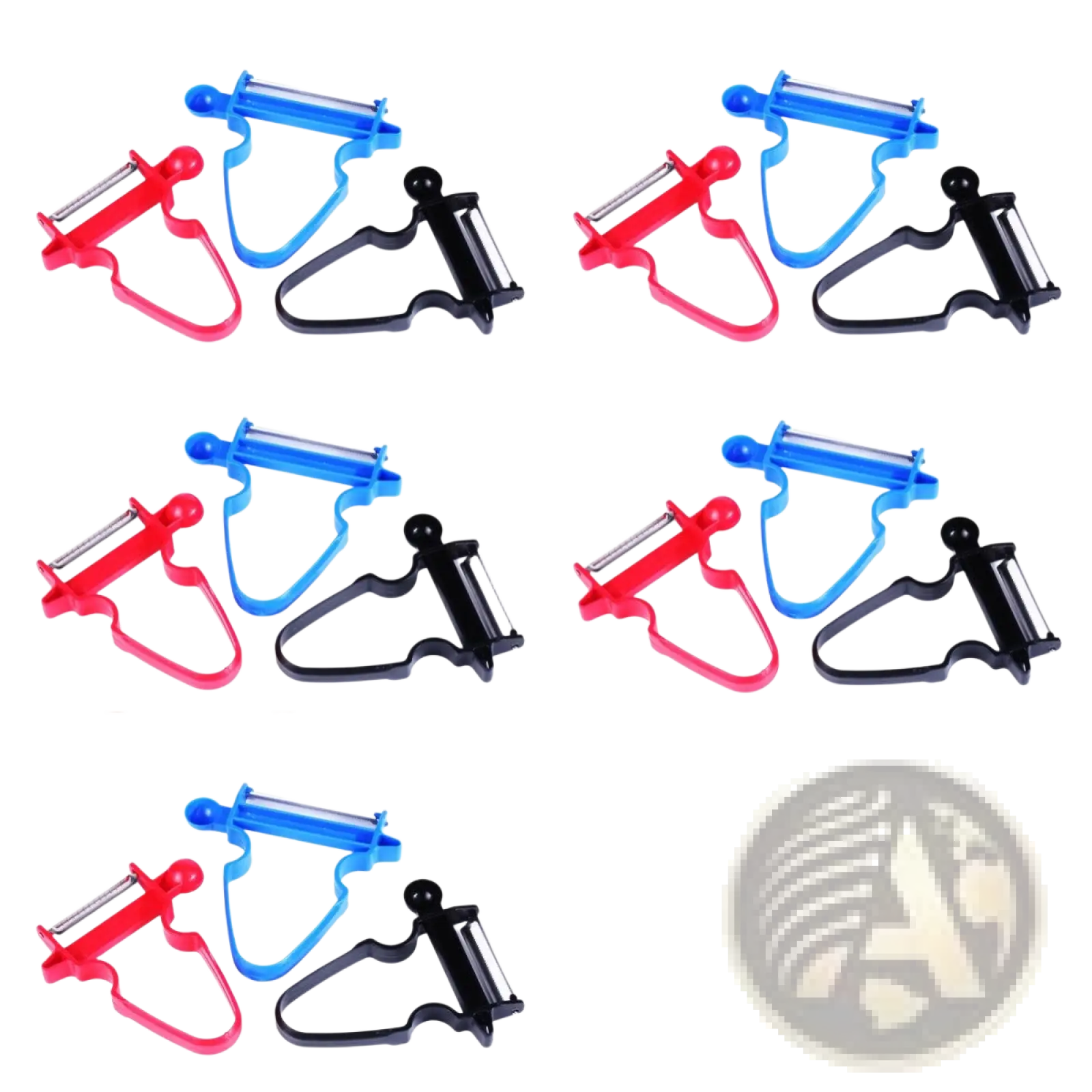 Set of three stainless steel vegetable peelers with red blue and black plastic handles for kitchen use
