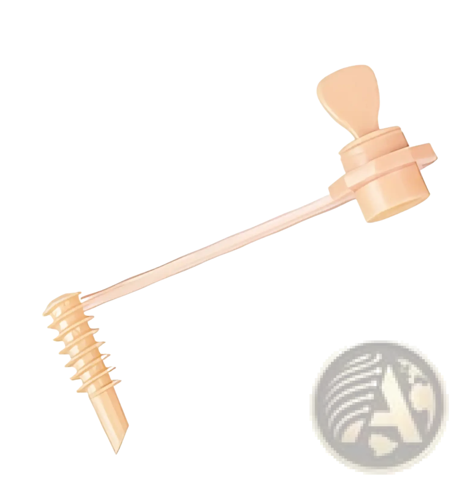 Beige plastic dental impression pick with tapered handle and spiral tip shown alongside stainless steel vegetable peeler set 3 pack