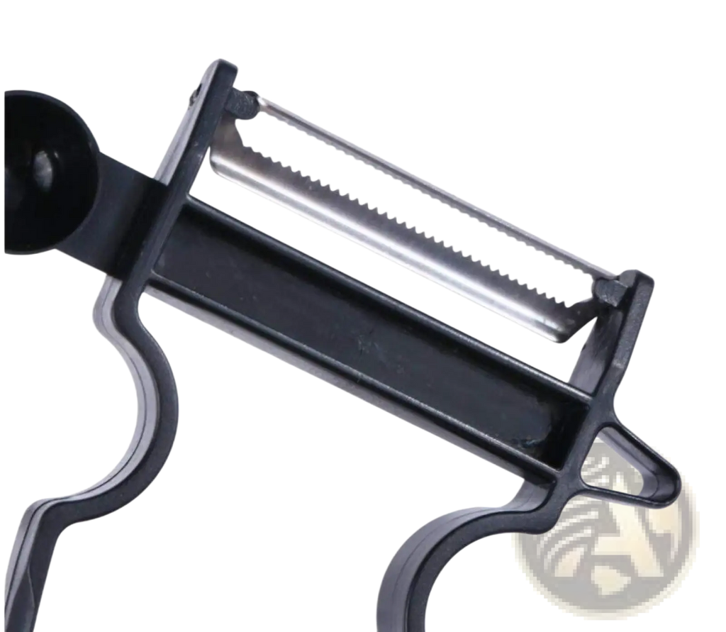 Black plastic-handled stainless steel vegetable peeler with fine teeth from stainless steel vegetable peeler set 3 pack