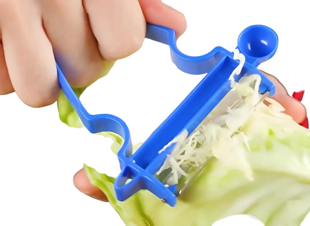 Blue plastic cabbage shredder with handle and stainless steel blade in vegetable peeler set 3 pack for kitchen use