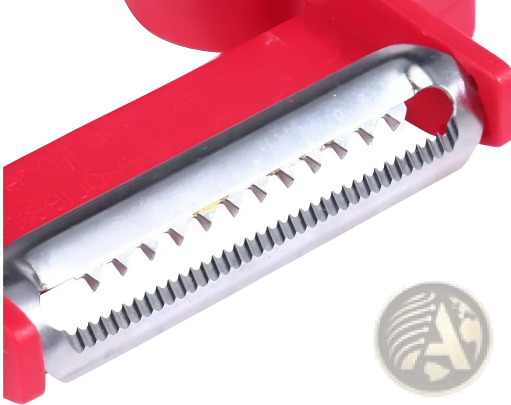 Stainless steel vegetable peeler set 3 pack featuring red-handled peeler with sharp ridged and notched metallic blade