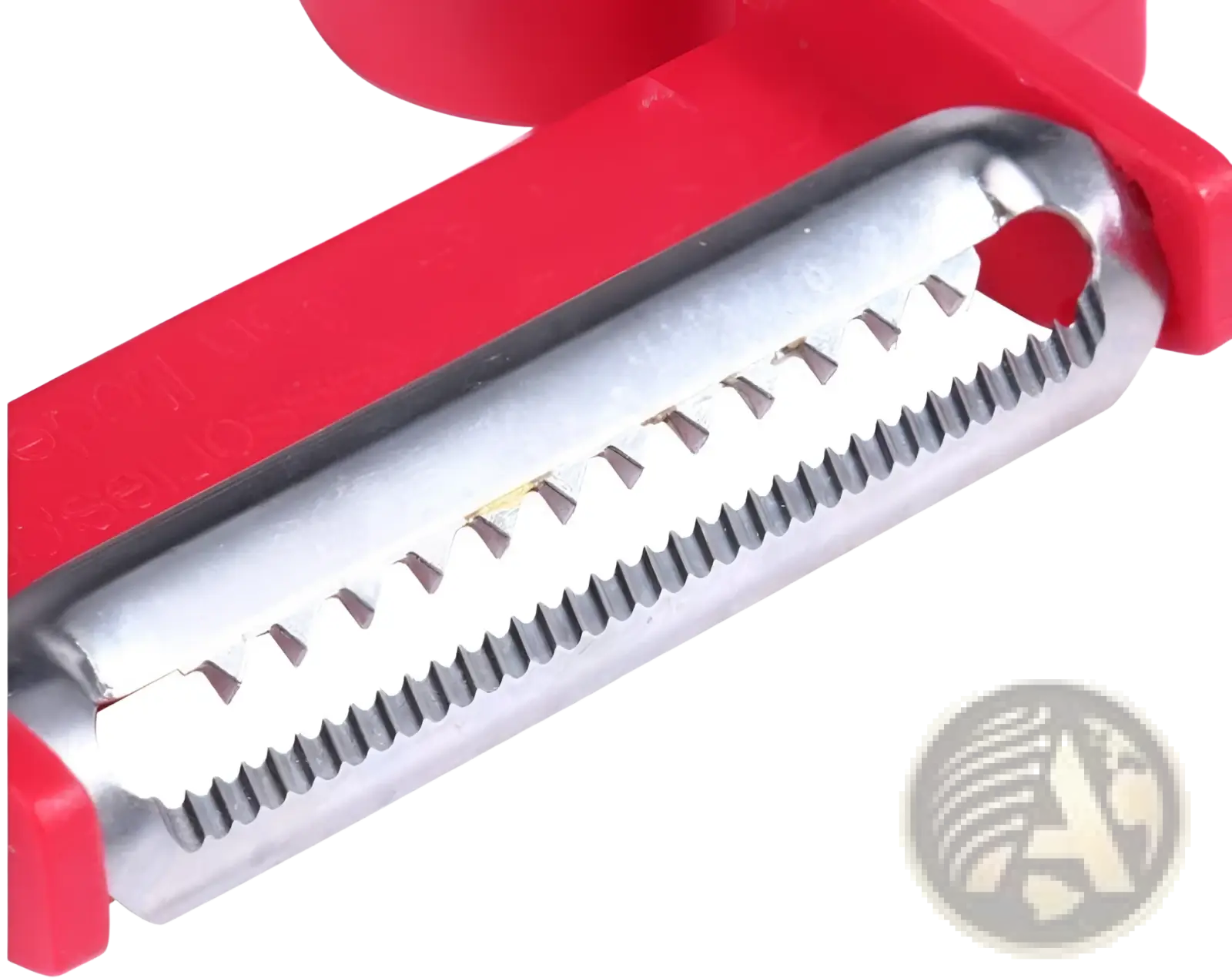 Stainless steel vegetable peeler set 3 pack featuring red-handled peeler with sharp ridged and notched metallic blade