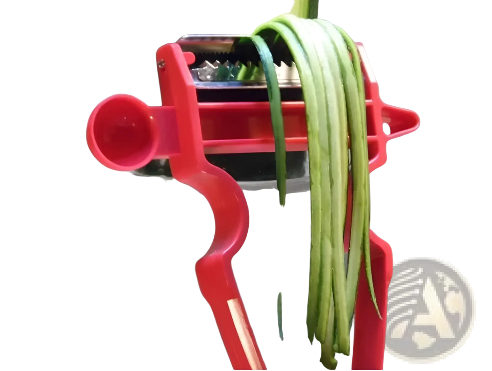 Red plastic vegetable peeler with curved handle peeling long green strips from cucumber in stainless steel peeler set 3 pack