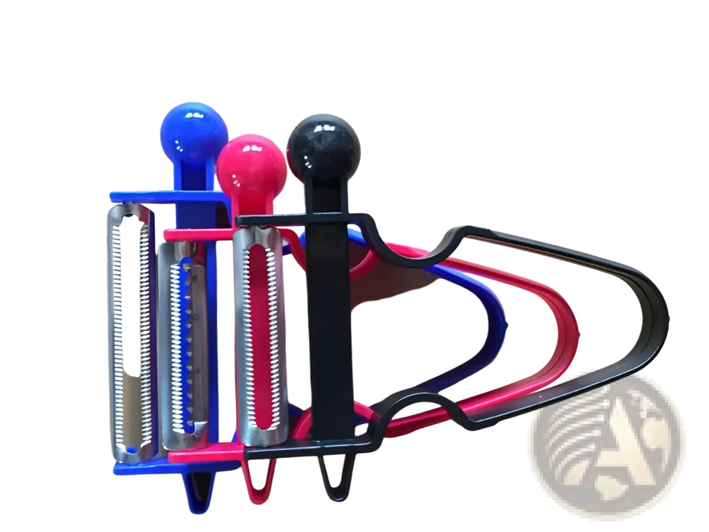 Set of three stainless steel vegetable peelers with colorful plastic handles in blue pink and black for kitchen use
