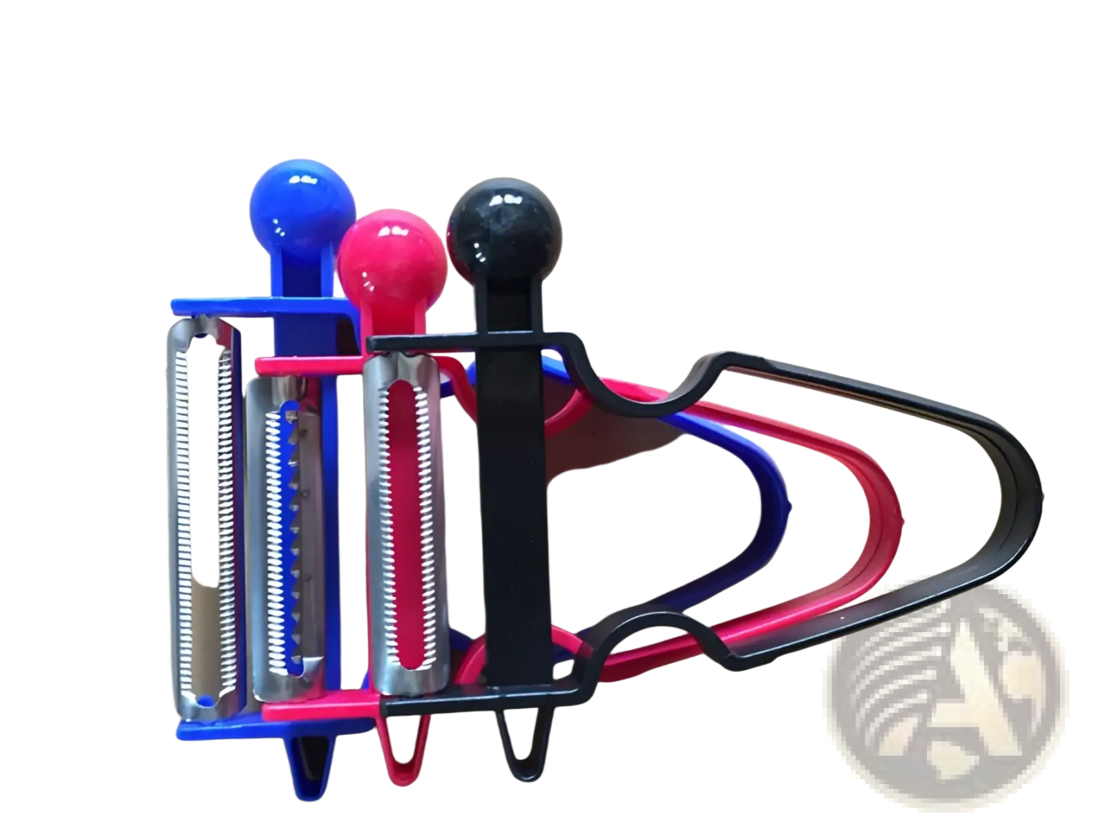 Set of three stainless steel vegetable peelers with colorful plastic handles in blue pink and black for kitchen use