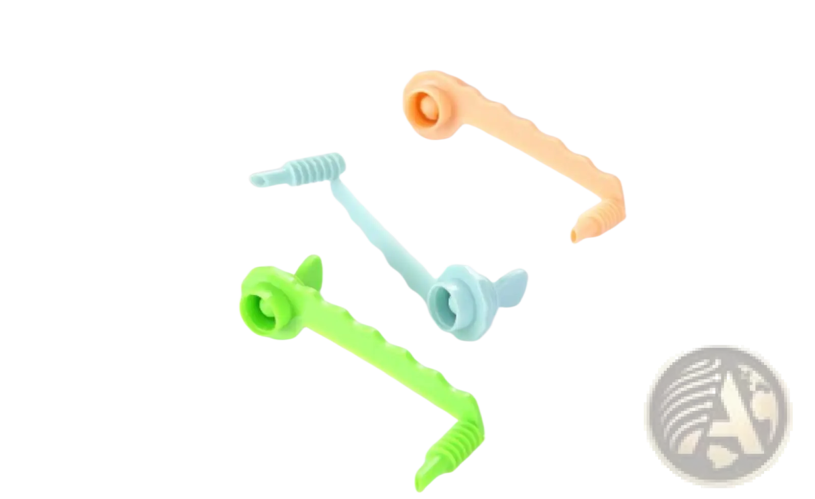 Set of three colorful stainless steel vegetable spiralizers in green light blue and orange for peeling and slicing vegetables