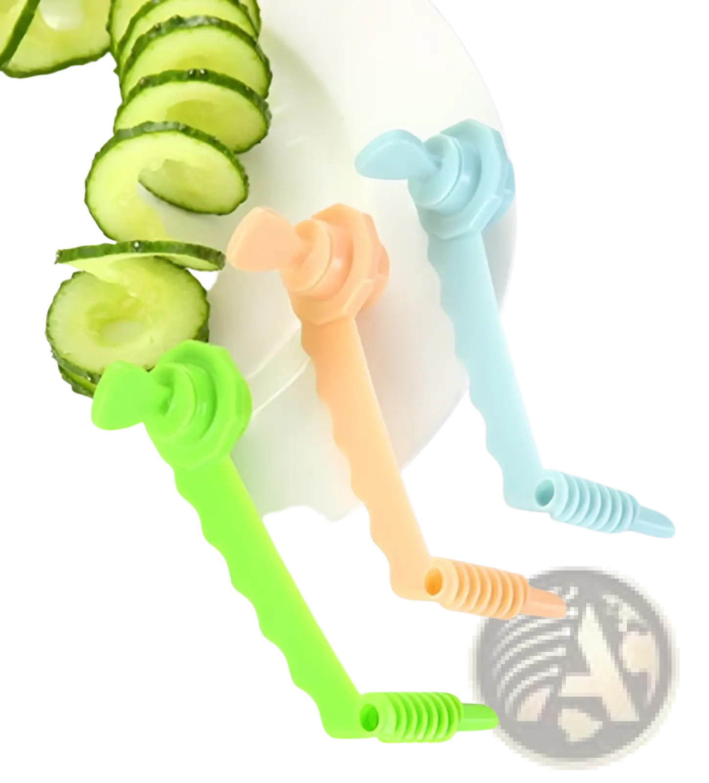 Three colorful plastic cucumber spiralizers in green orange and light blue from the stainless steel vegetable peeler set 3 pack