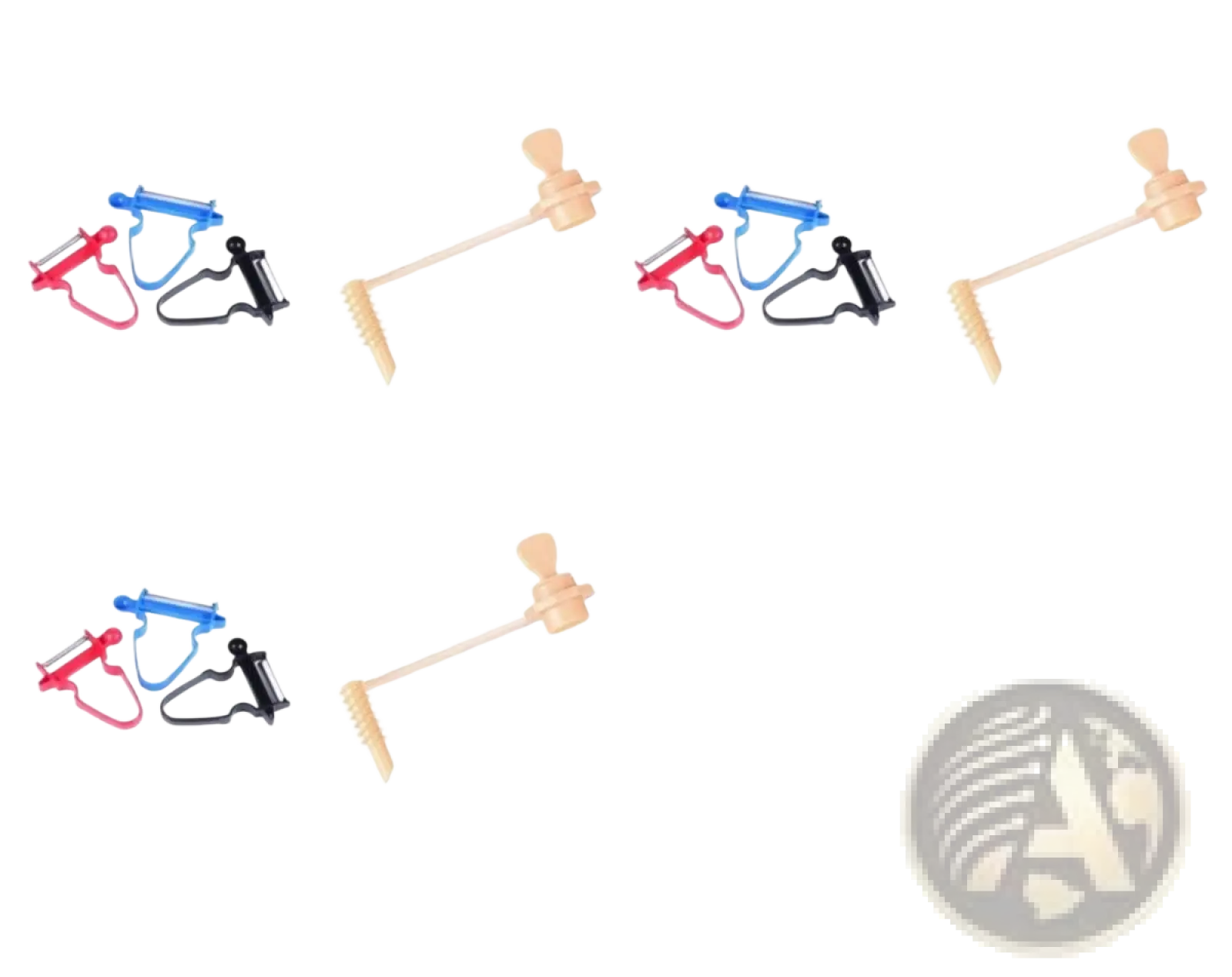 Set of three stainless steel vegetable peelers with colorful red, blue, and black blades and wooden-handled potato mashers