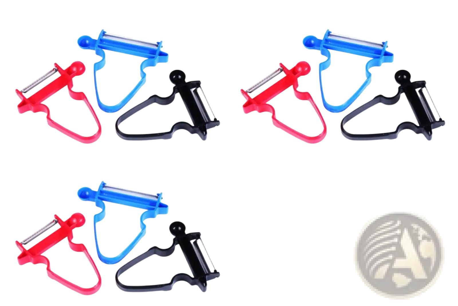 Set of three stainless steel vegetable peelers with red blue and black plastic handles for efficient peeling