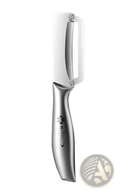 Stainless steel vegetable peeler with wood handle featuring a silver ergonomic handle and sharp curved blade