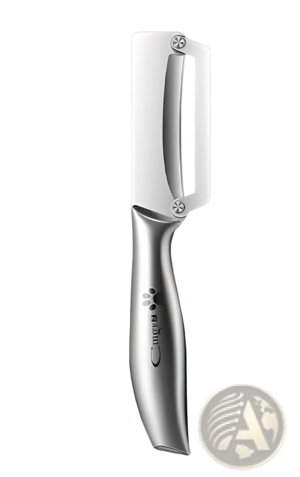 Stainless steel vegetable peeler with wood handle featuring a silver ergonomic handle and sharp curved blade