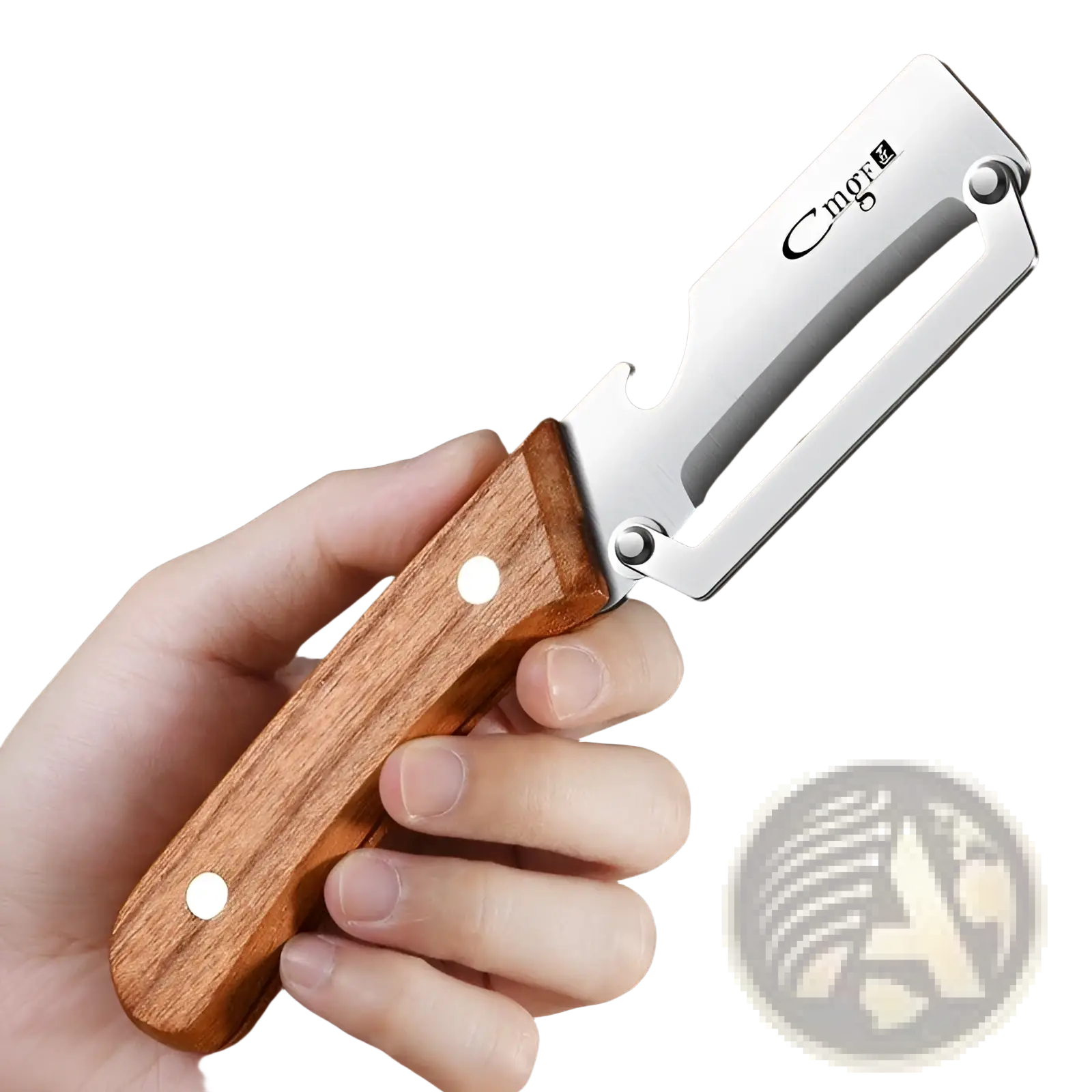 Stainless steel vegetable peeler with polished blade and warm wood handle for multifunctional kitchen use