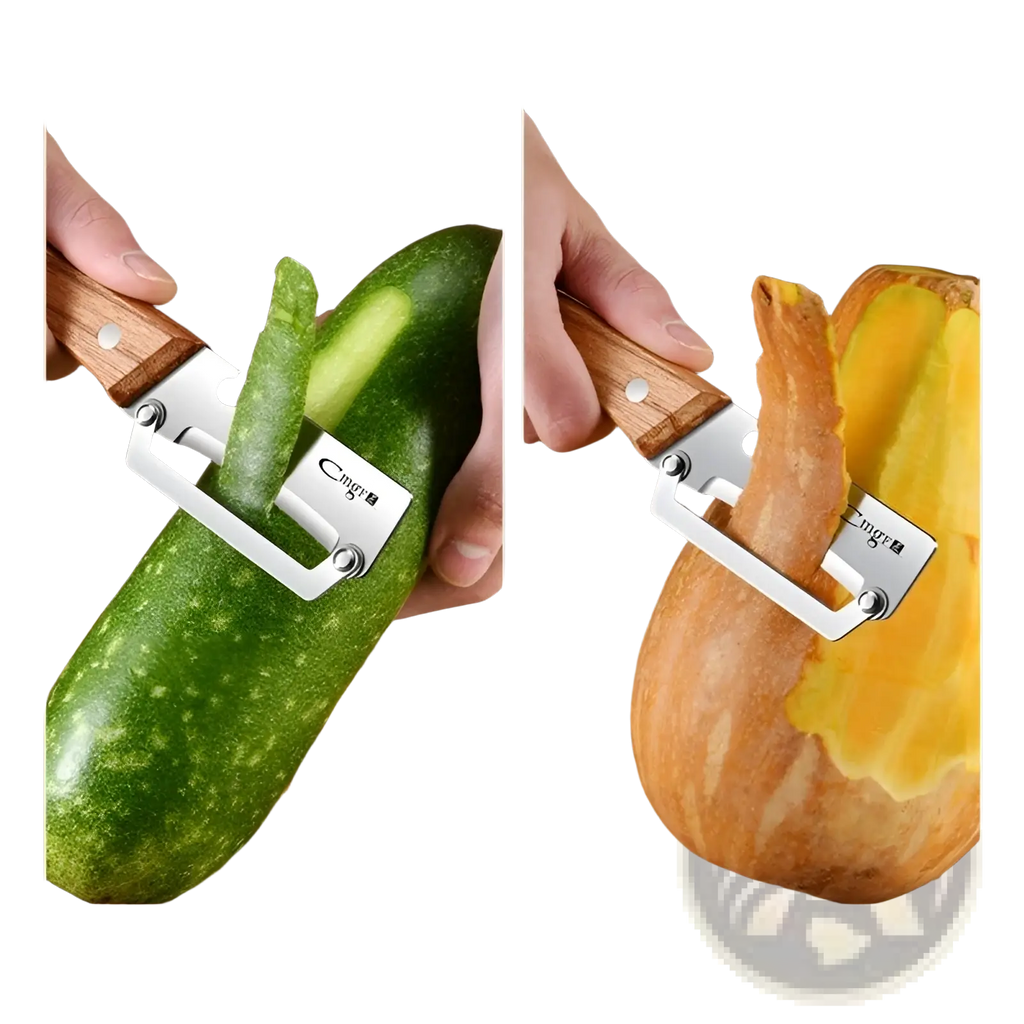 Stainless steel vegetable peeler with wood handle designed for effortlessly peeling cucumbers and squash skin