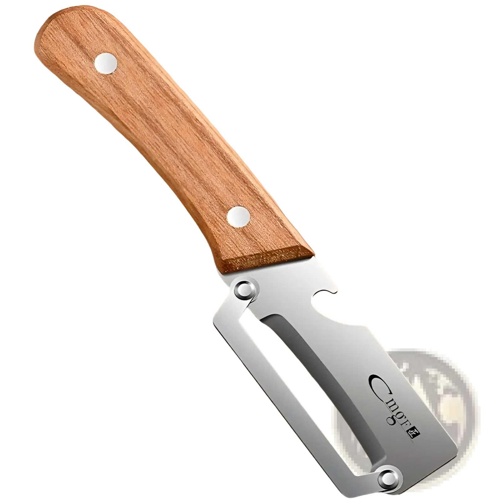 Stainless steel vegetable peeler with wood handle featuring a comfortable grip and bottle opener design