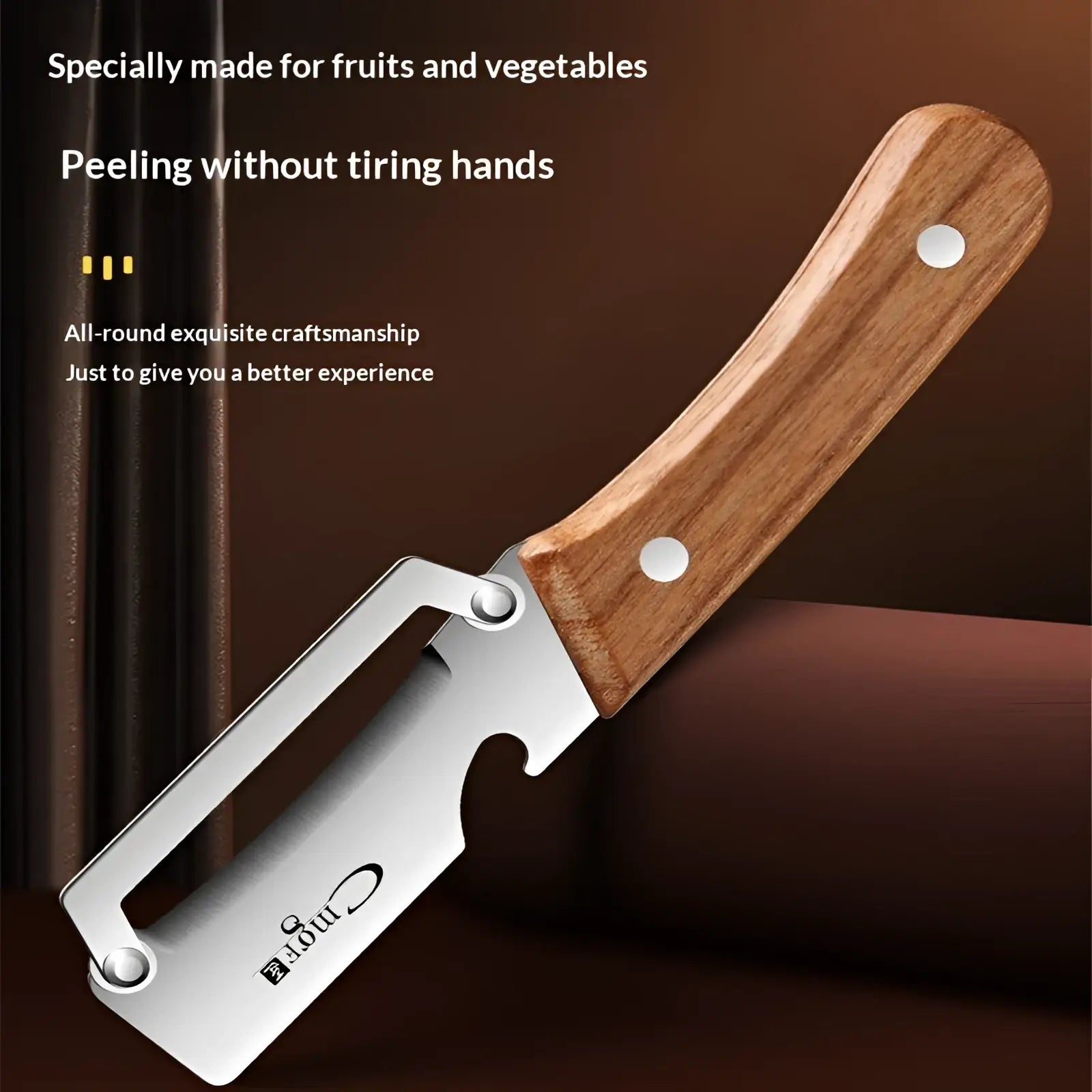 Stainless steel vegetable peeler with warm wood handle and built-in bottle opener showcasing elegant craftsmanship