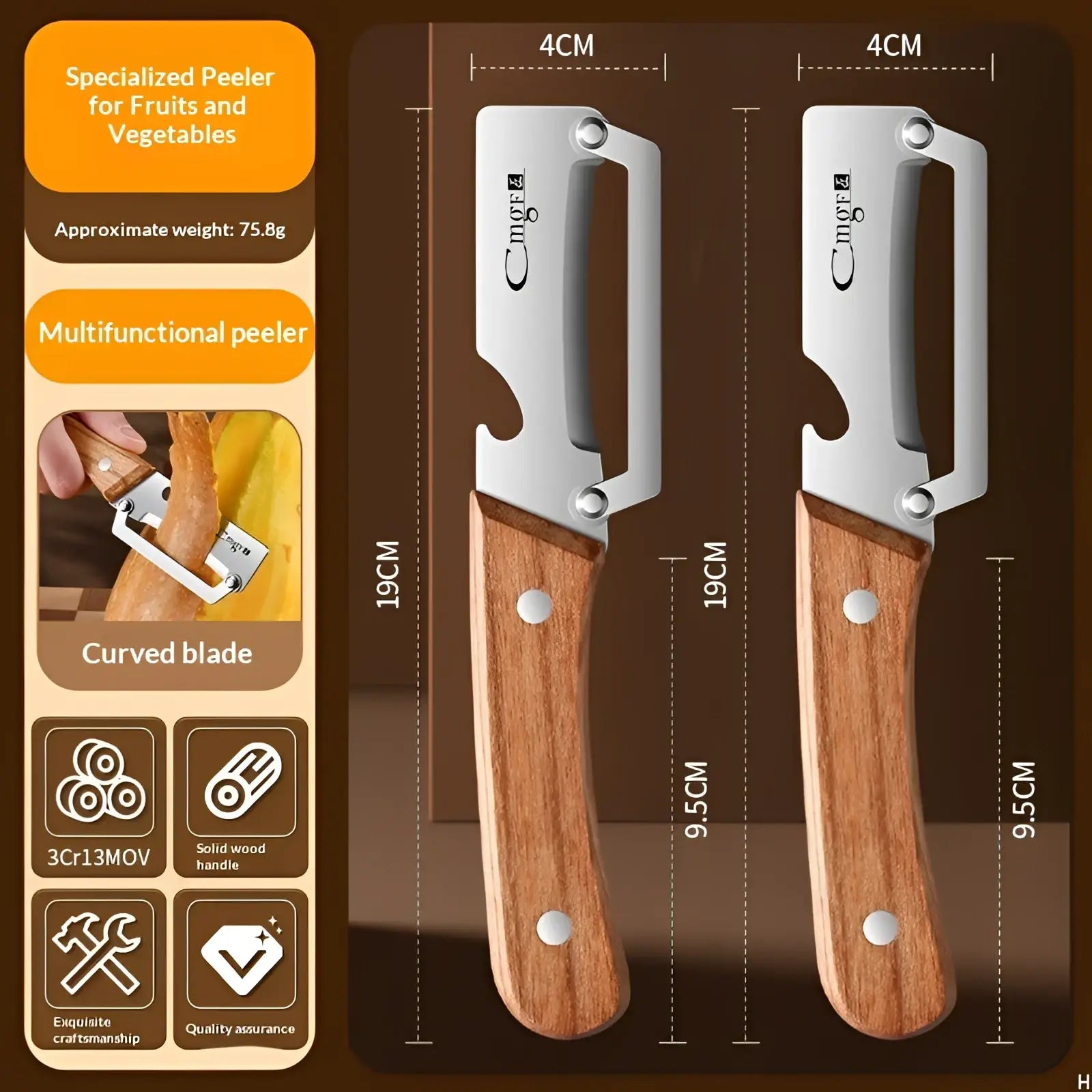 Stainless steel vegetable peeler with silver curved blade and wooden handle made of 3cr13mov steel 2pc set
