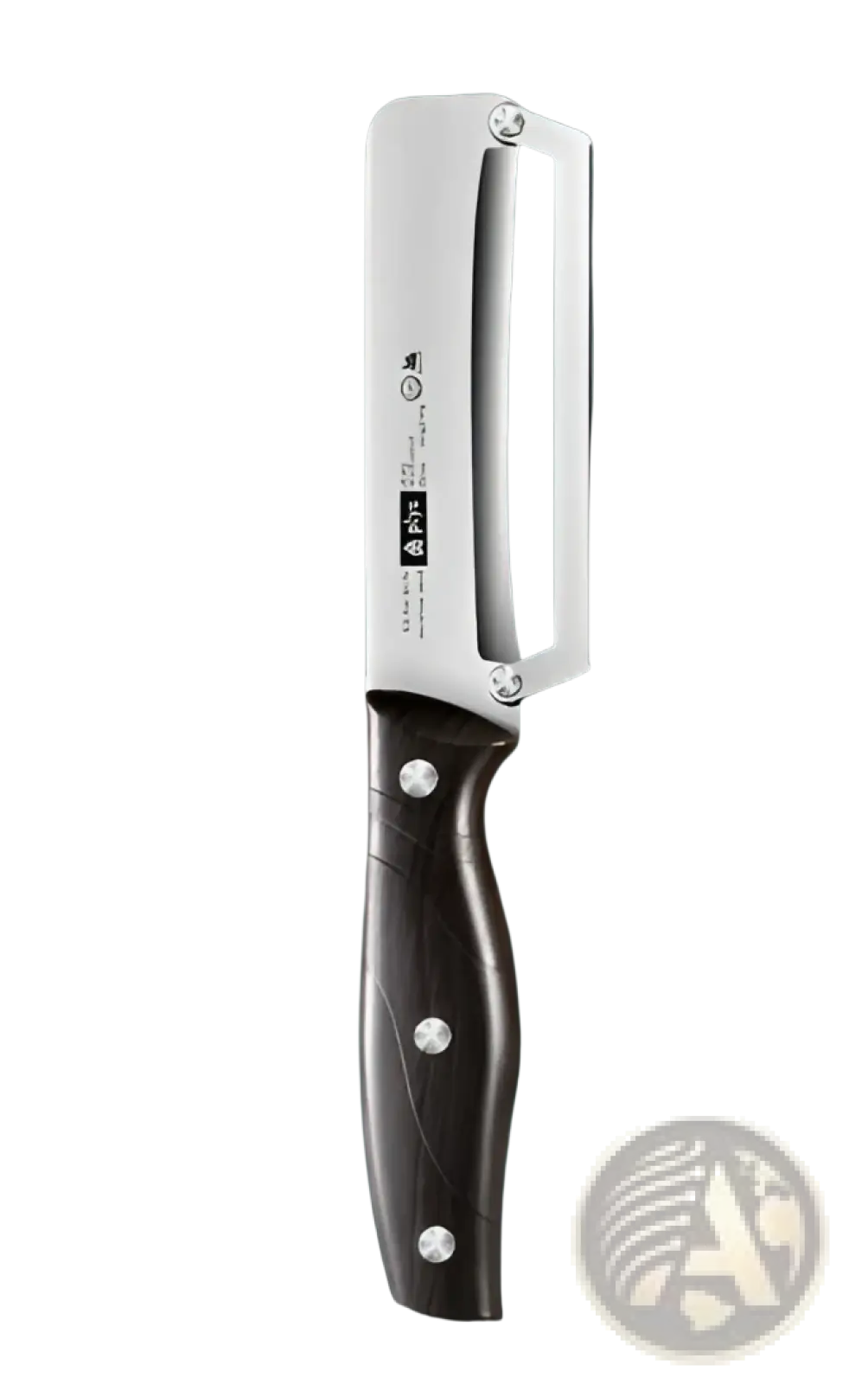 Stainless steel vegetable peeler with polished blade and dark brown wooden handle with silver rivets 24.3cm long