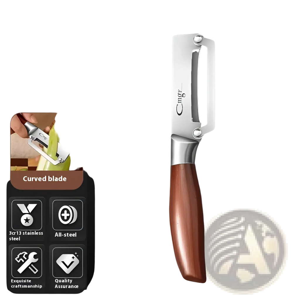 A stainless steel vegetable peeler with a polished wooden handle and curved blade for efficient produce preparation
