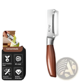 A stainless steel vegetable peeler with a polished wooden handle and curved blade for efficient produce preparation