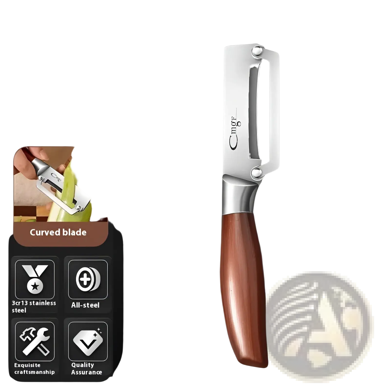 A stainless steel vegetable peeler with a polished wooden handle and curved blade for efficient produce preparation