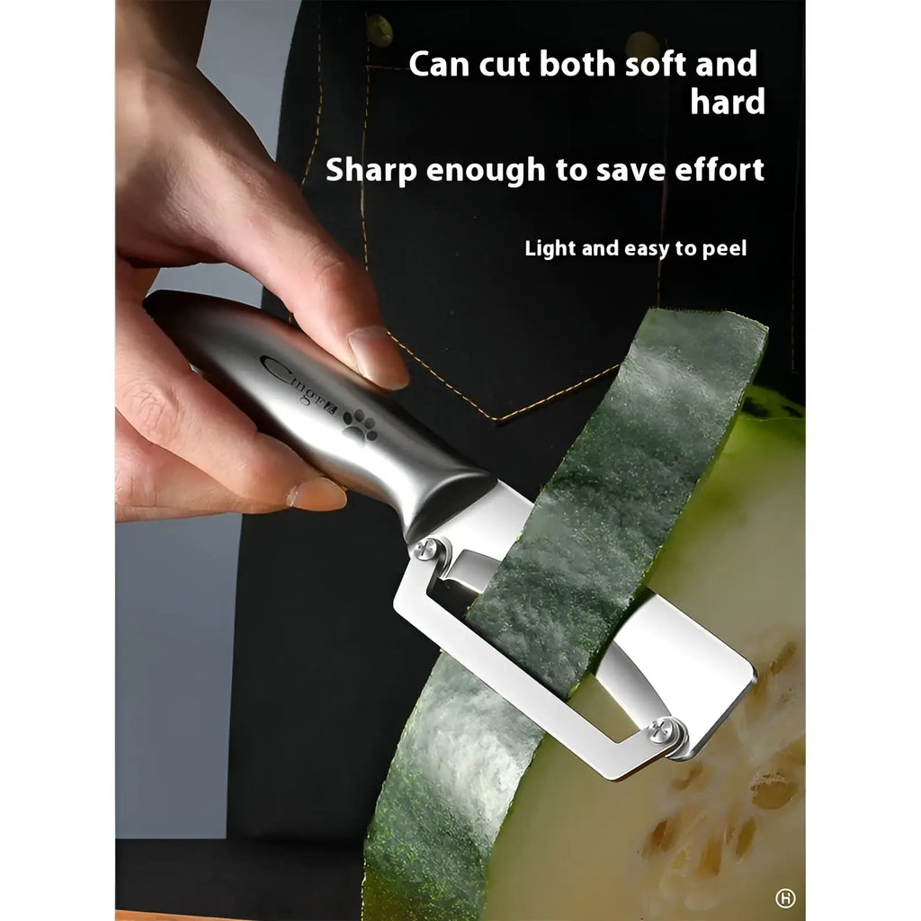 Stainless steel vegetable peeler with silver handle and sleek modern design featuring a stainless steel blade
