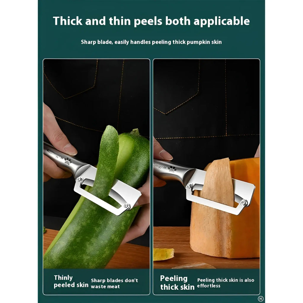 Stainless steel vegetable peeler with wood handle and sharp blade for effortlessly peeling thin and thick skins