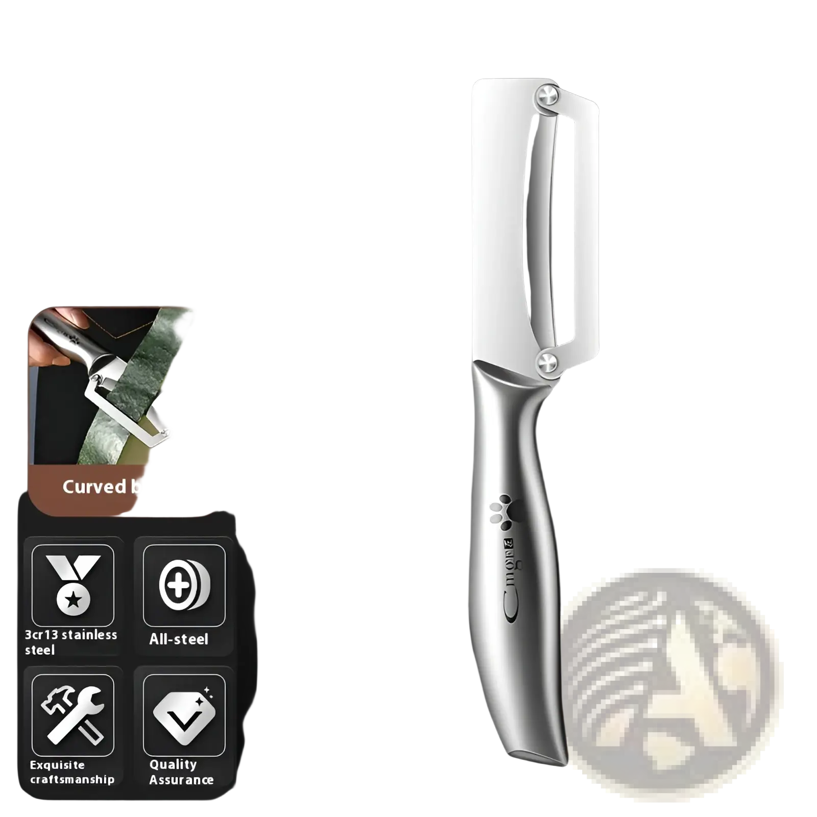 A sleek silver stainless steel vegetable peeler with a curved 3cr13 blade and ergonomic wood handle