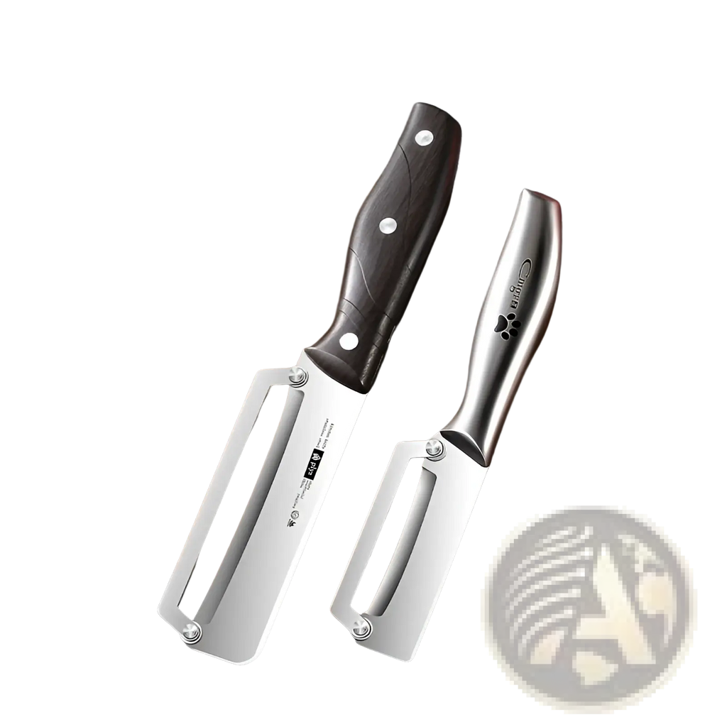 Stainless steel vegetable peeler with wood handle featuring a sleek silver blade and ergonomic black textured handle