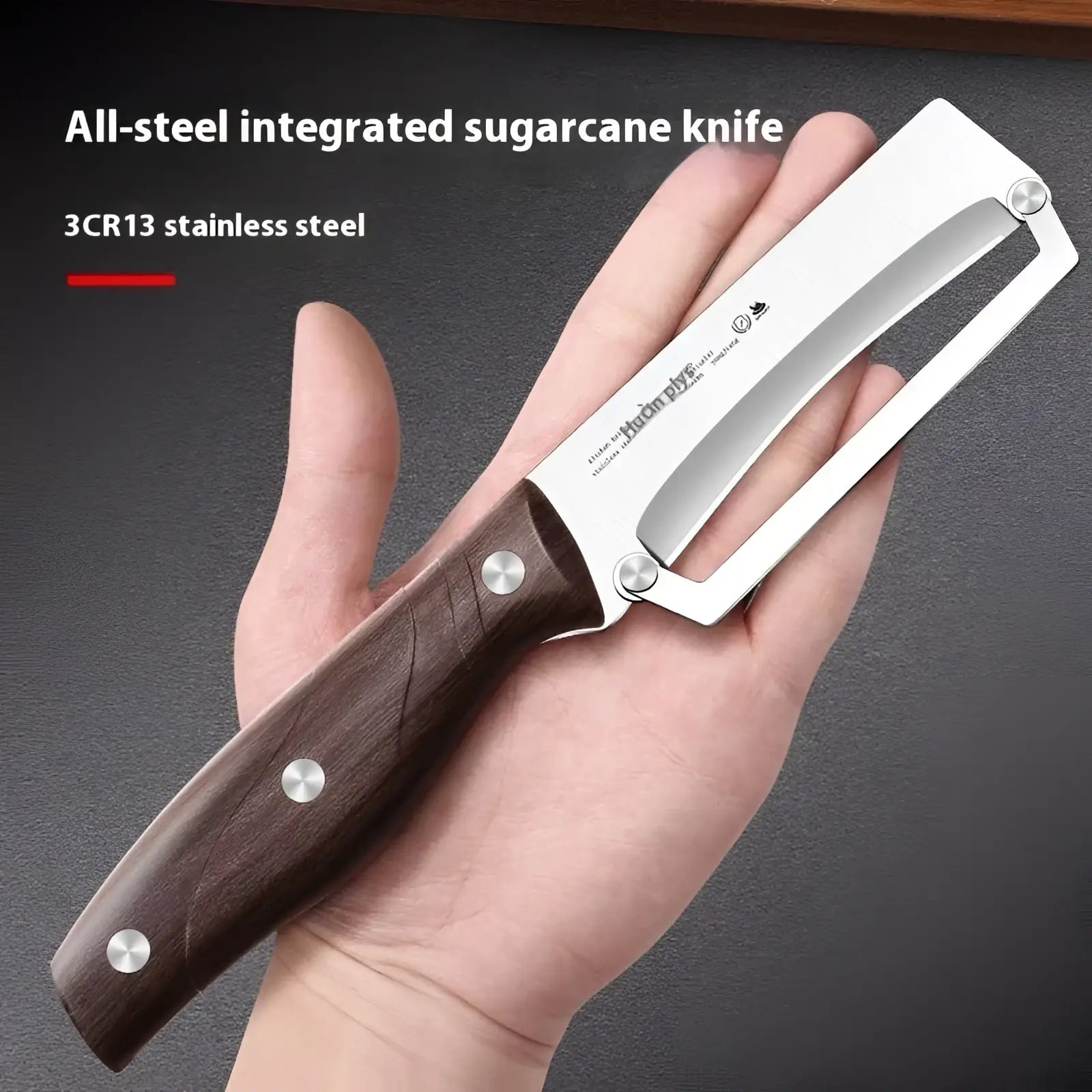 Stainless steel vegetable peeler with polished 3cr13 blade and dark brown wooden handle with silver rivets