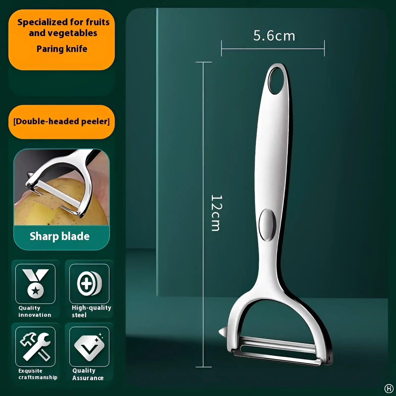 Stainless steel vegetable peeler with wood handle featuring a sleek double-headed polished stainless steel blade and handle