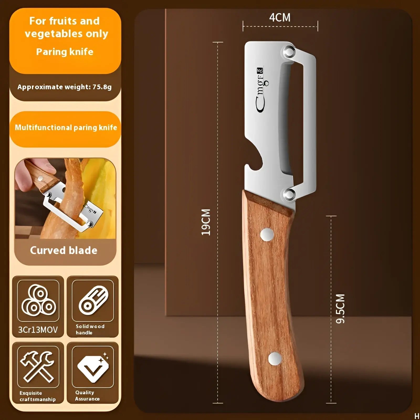 Stainless steel vegetable peeler with 3cr13mov blade and warm wood handle engraved with cmgte logo