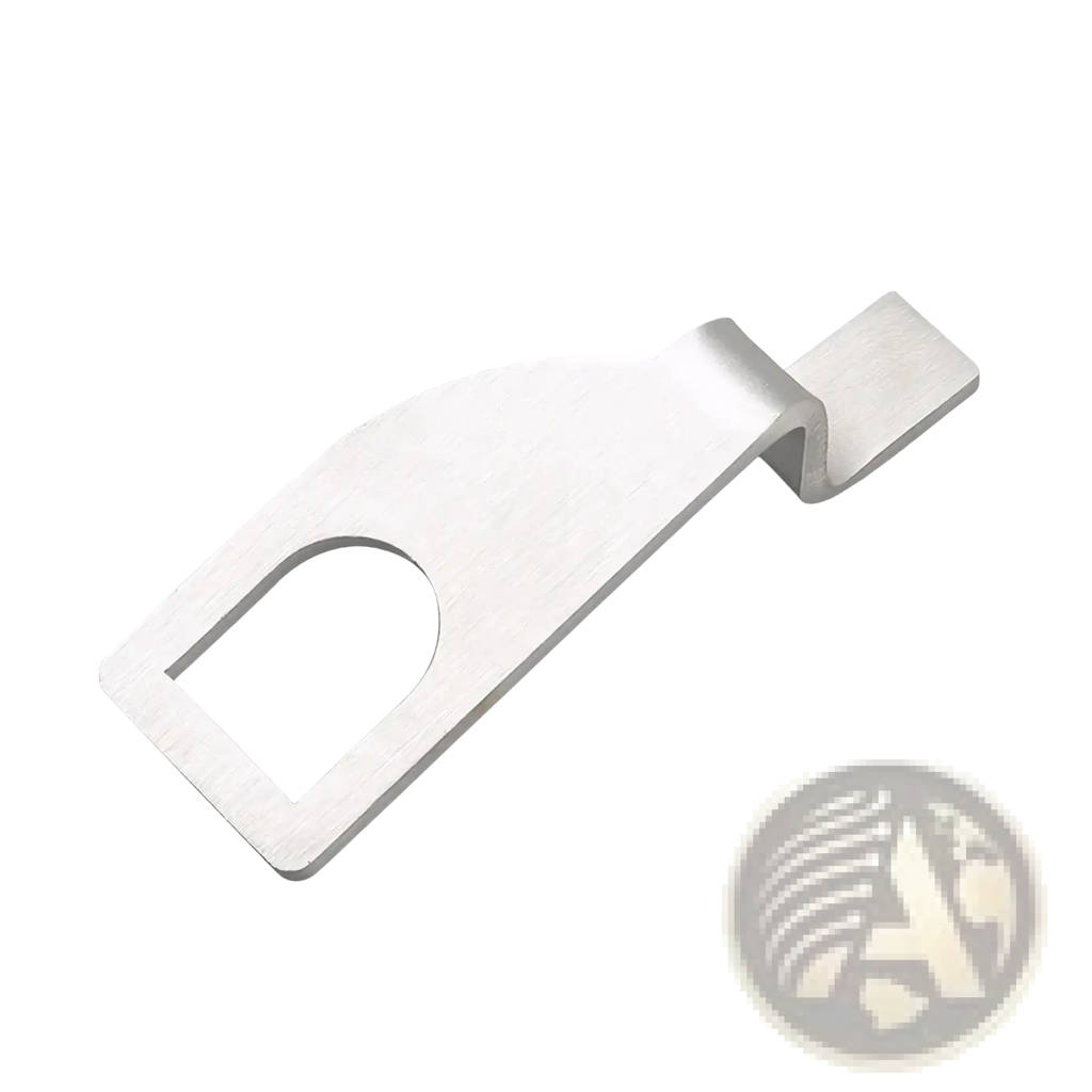 Silver metallic stainless steel vehicle tailgate standoff vent lock seat belt buckle clip with rectangular body and curved hook