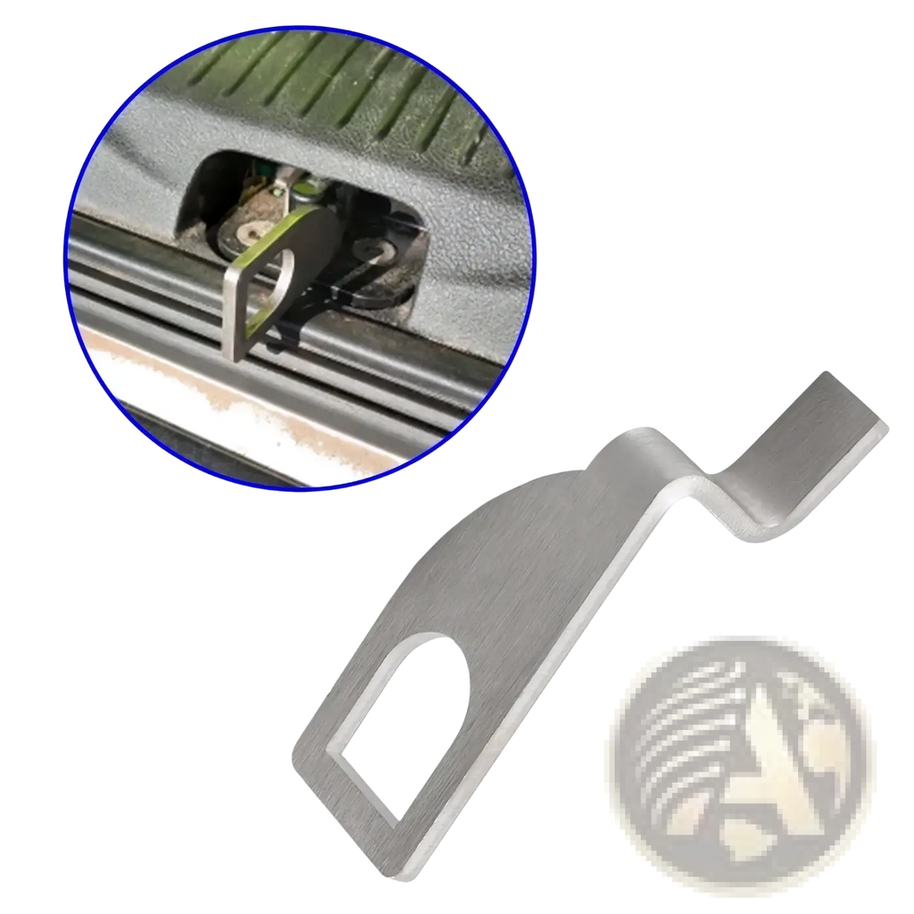 Silver metallic stainless steel vehicle tailgate standoff vent lock with rectangular body and curved handle latch release tool