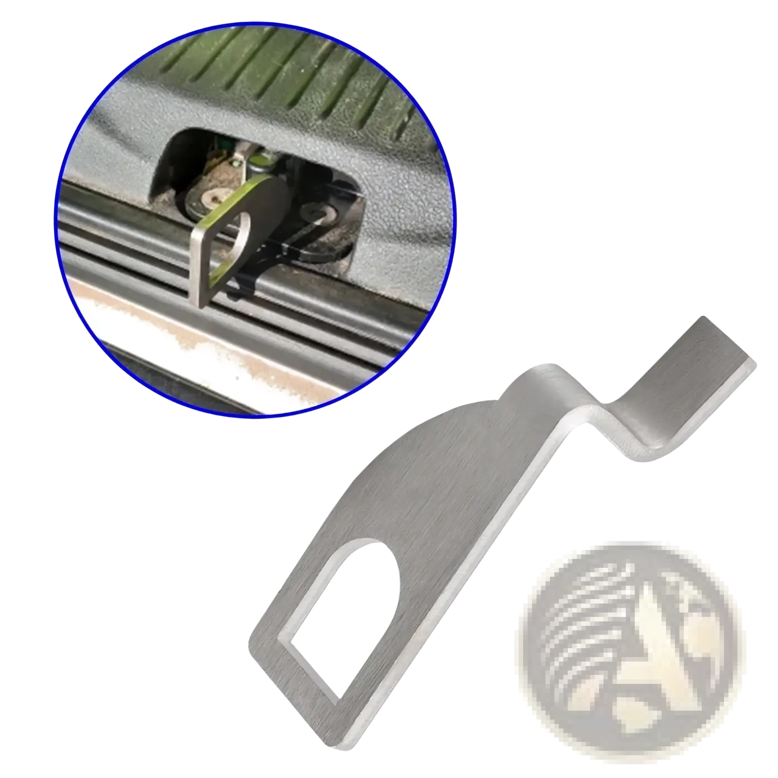 Silver metallic stainless steel vehicle tailgate standoff vent lock with rectangular body and curved handle latch release tool