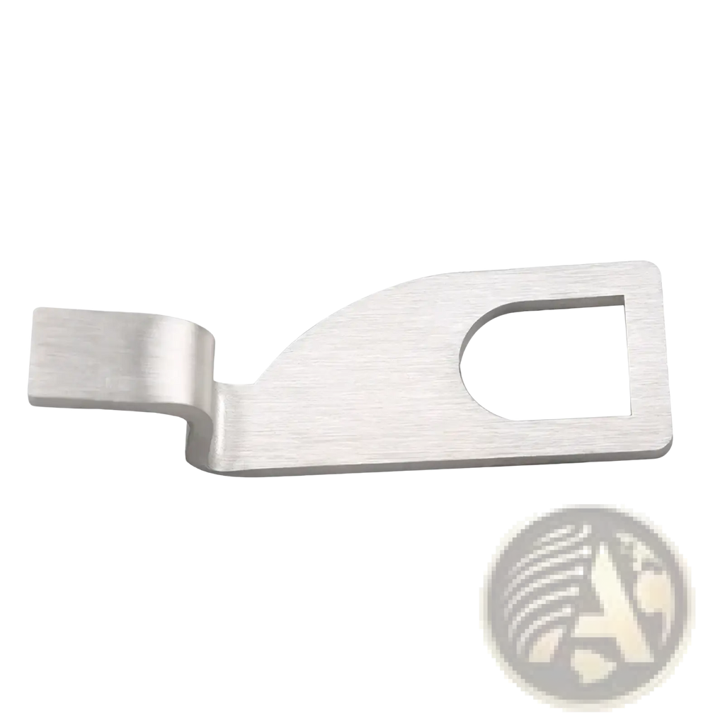 Silver-toned stainless steel vehicle tailgate standoff vent lock with brushed finish and ergonomic seatbelt cutter handle design