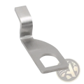 Silver metallic stainless steel l-shaped vehicle tailgate standoff vent lock bracket with rounded rectangular cutout at base