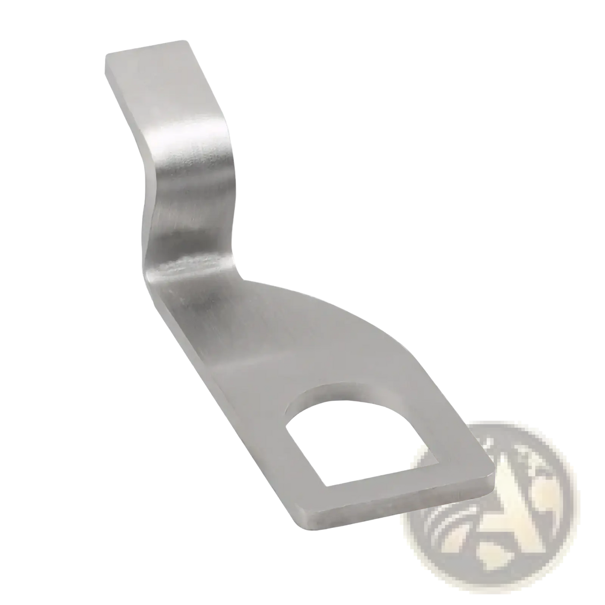 Silver metallic stainless steel l-shaped vehicle tailgate standoff vent lock bracket with rounded rectangular cutout at base