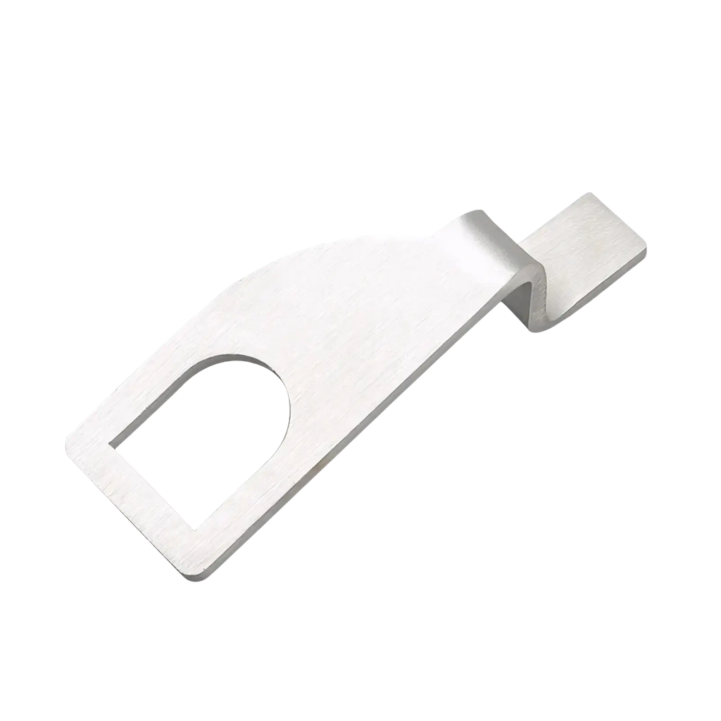 Silver metallic stainless steel vehicle tailgate standoff vent lock seat belt buckle clip with rectangular body and curved hook