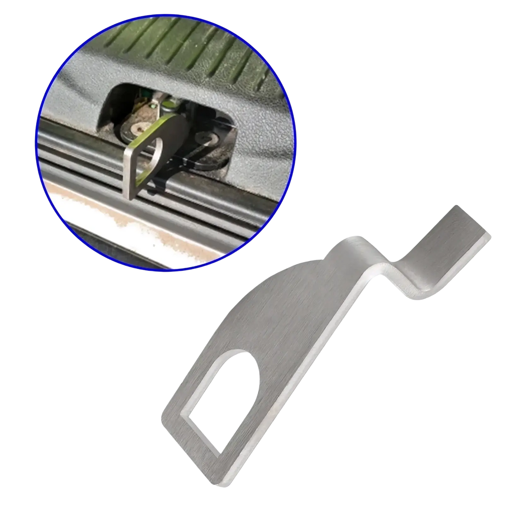 Silver metallic stainless steel vehicle tailgate standoff vent lock with rectangular body and curved handle latch release tool